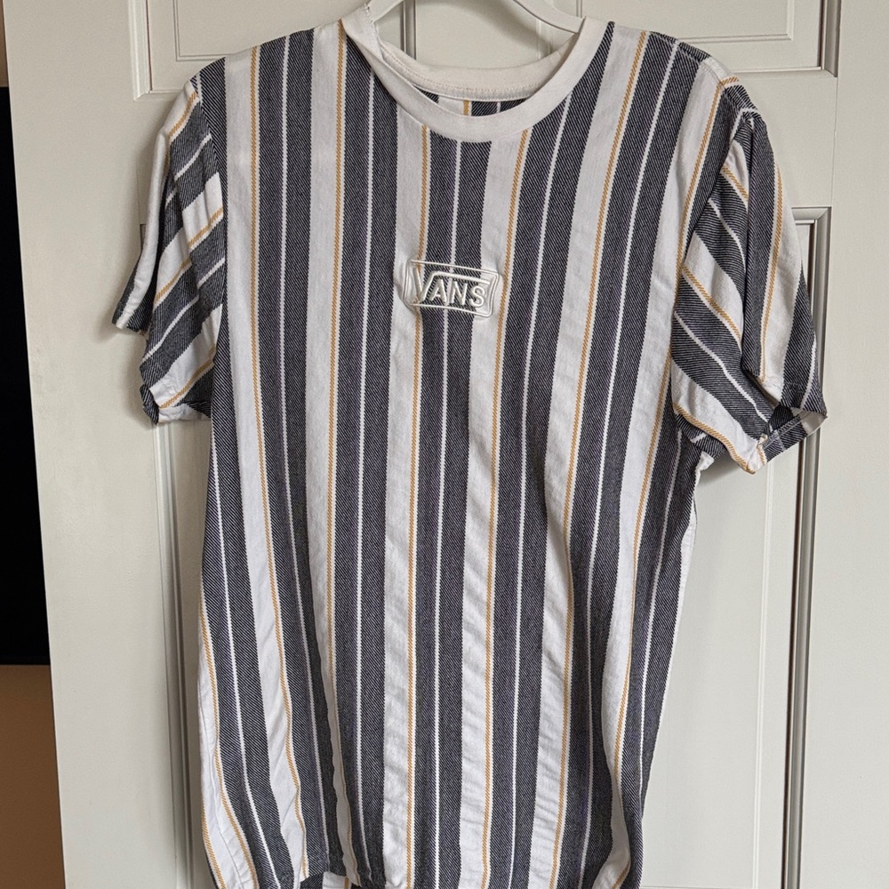 Vans Men’s White, Gray & Tan Vertical Stripe Crew Tee